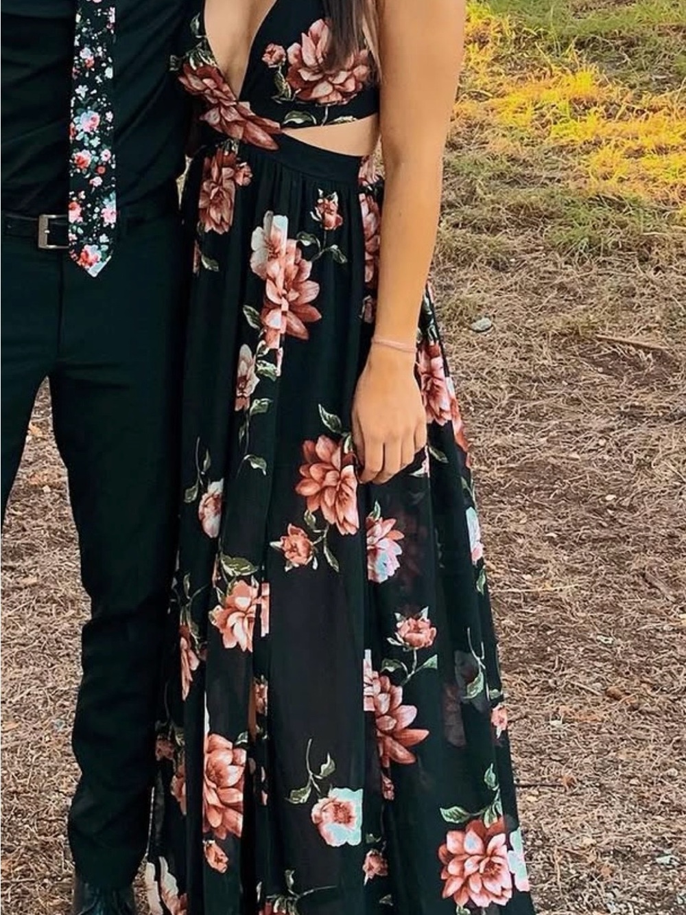 Fashion Nova Black Maxi Dress with Pink Rose Print